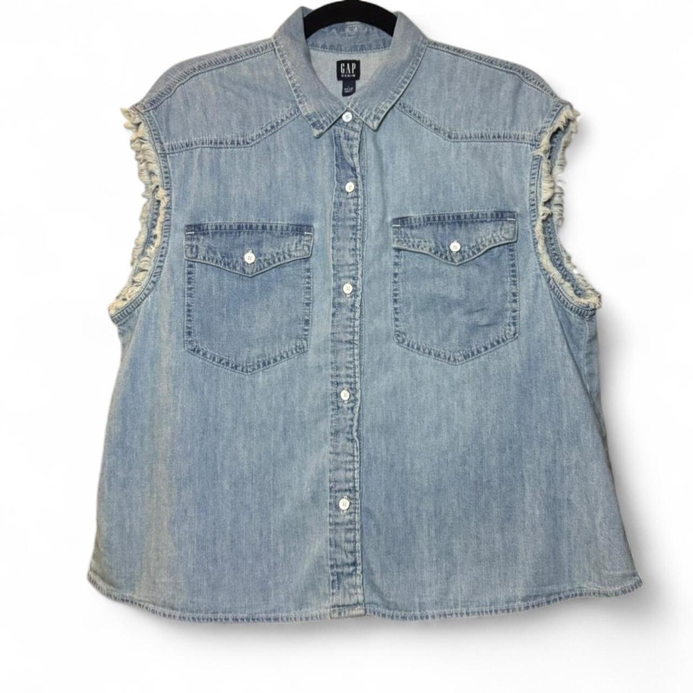 GAP 90s Style Western Washed Blue Chambray Denim Cut-Off Button-Up Vest — LARGE